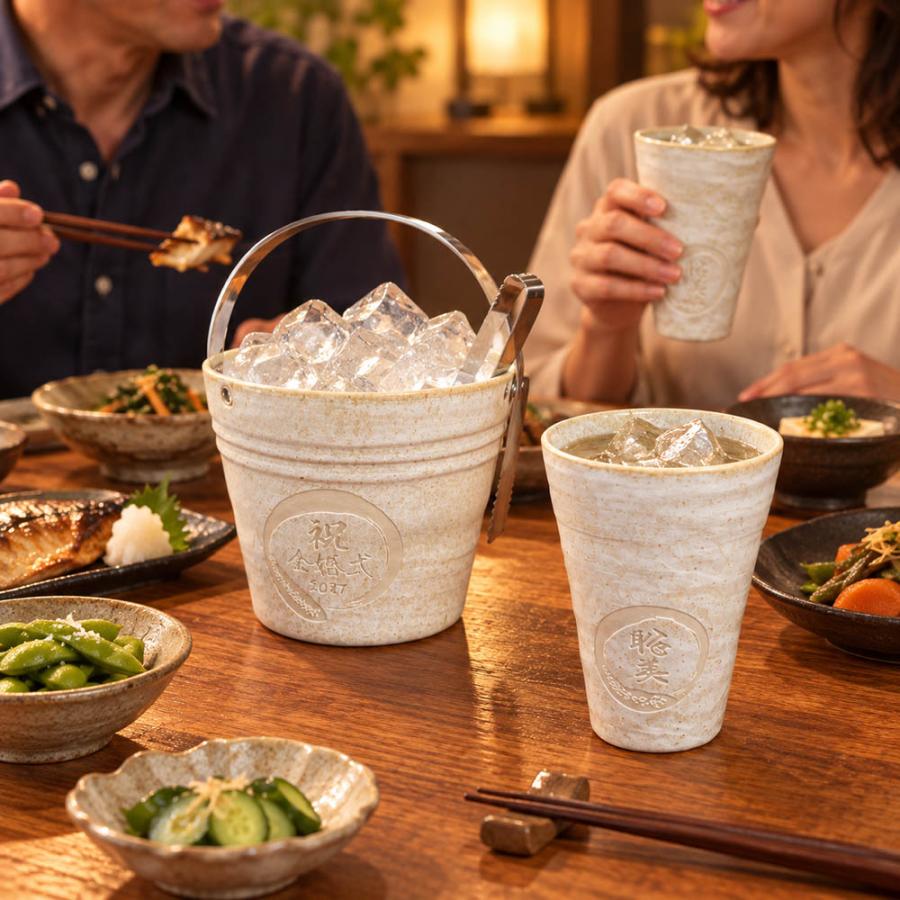 名入れ ペアギフト SXX 晩酌セット 日本製 青磁刷毛 アイスペール & トング & カップ 2点 専用BOX入り |  | 09