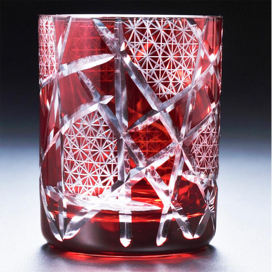 名入れ ギフト SXX 酒セット 芋焼酎 海童 祝の赤 25度 300ml \u0026 切子 江戸菱硝子 モダン紋様 オールドグラス 赤 コサージュ付 ギフトBOX入りの画像