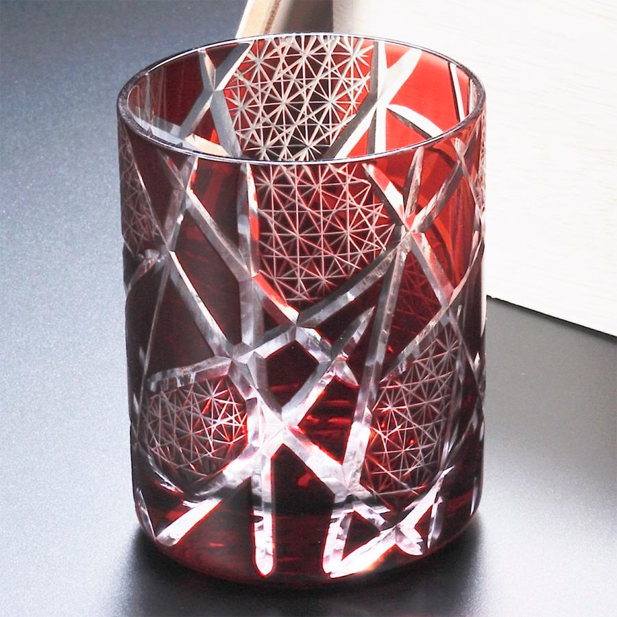 名入れ ギフト SXX 酒セット 芋焼酎 海童 祝の赤 25度 300ml \u0026 切子 江戸菱硝子 モダン紋様 オールドグラス 赤 コサージュ付 ギフトBOX入りの画像