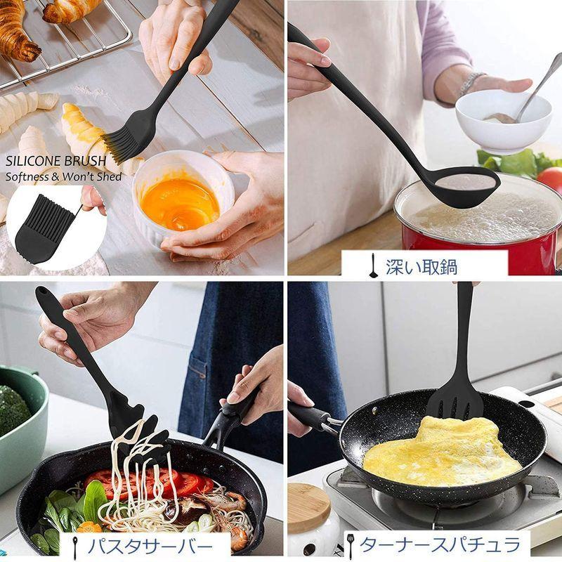 キッチンツール 調理器具10件セット シリコンブラケット 便利な収納 玉子焼きシャベル 料理 台所用品 食品安全認証済み 耐熱 (黒)|origuchitaira|02