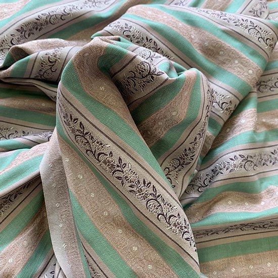 ストライプ 生地 ジャガード（緑/オレンジ）綿混/柄に光沢感の