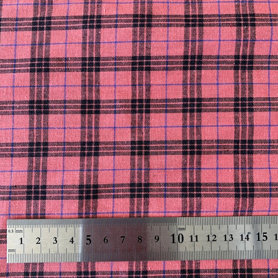 平織りコットンタータンチェック / 青地×イエローストライプ ピンク地