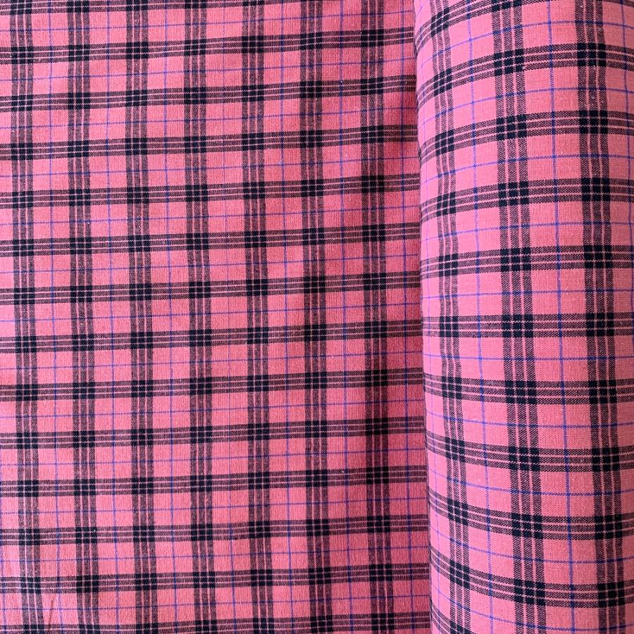 平織りコットンタータンチェック / 青地×イエローストライプ ピンク地