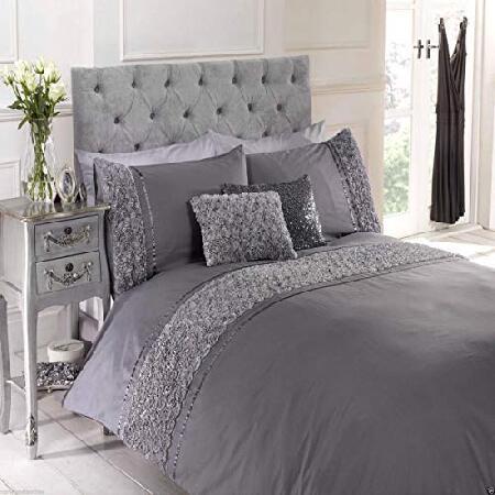 Limoge Grey Duvet Quilt Cover Bedset Bedding Raised Rose and Ribbon, Grey, King by Homespace Direct（並行輸入品）