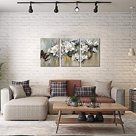 sechars 3ピース フラワーウォールアート ホワイトマグノリア絵画 フレーム付き 抽象的な花柄 キャンバスプリント モダン ホーム リビング 寝室 （並行輸入品）