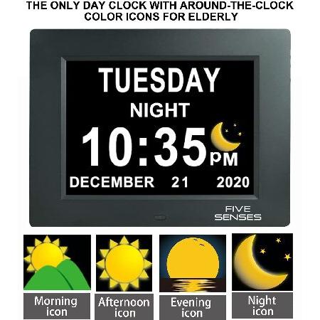 オリジナルカラーサン/ムーン 5つの感覚 - 8インチ デジタルカレンダー 高齢者向け曜日と日付付き時計 日付と曜日付きデジタル時計 大型デジタル時計 認知症時計 