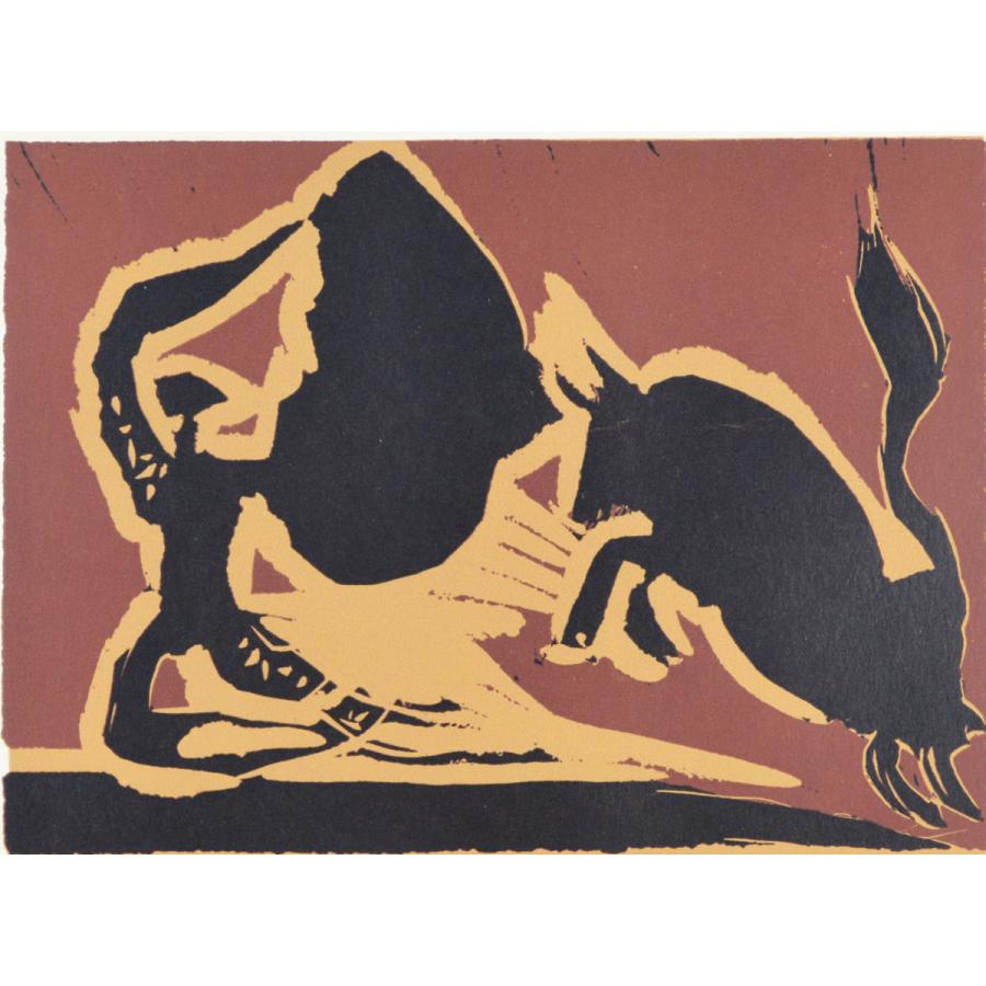 ピカソ 『マントに突進する闘牛 【酒神の宴、女、雄牛と闘牛士より】』リノカット 1962年制作 作家生前作品 ※90日間返品保証 【堰く】 無期限アフターサービス