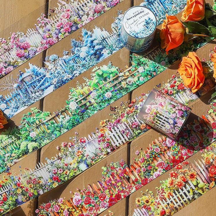 【9523】海外　5m巻　貝殻光マスキングテープ　お花　半透明　背景装飾系 クリアテープ 箔押し 貝シェル光 耐水 マスキングテープ 幅広50mm
