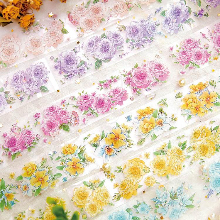 クリアテープ 手帳 幅50mm 透明 花柄 英語 PET素材 テープ Clear Tape