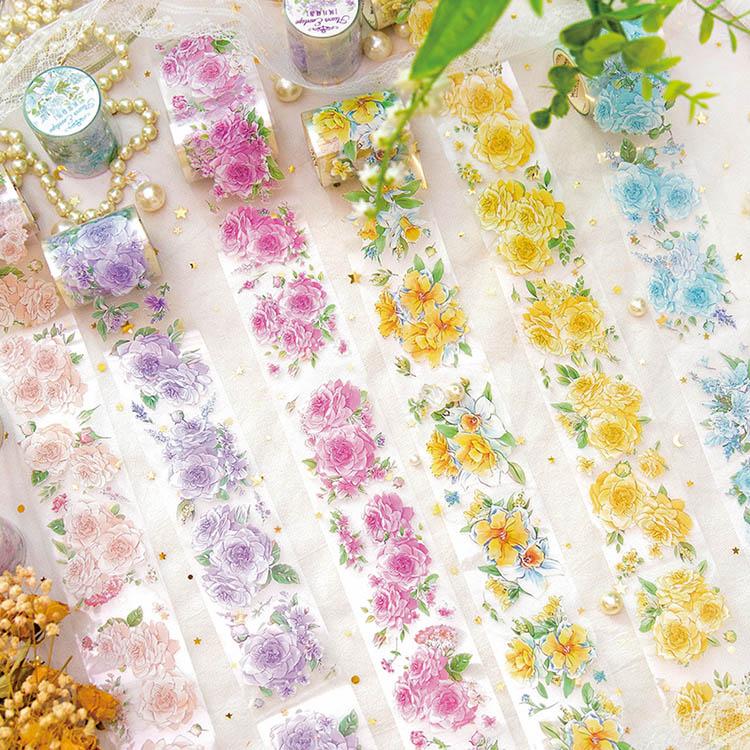 クリアテープ 手帳 幅50mm 透明 花柄 英語 PET素材 テープ Clear Tape