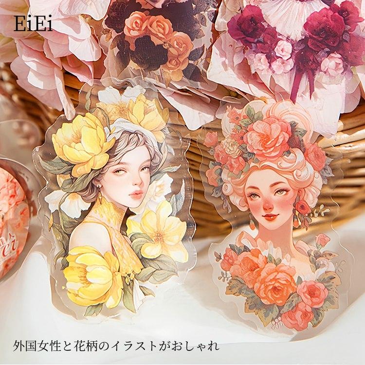 韓国作家　jjo_ramziさん　danpatさん　お花　ダイカットテープ 型抜き 幅広70mm ダイカットテープ 外国女性 ローズ 薔薇 花柄 女の子