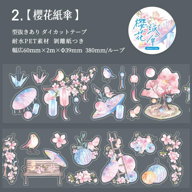 型抜き ダイカットテープ 幅広60mm 桜 さくら 鯉 富士山 水彩 手書き