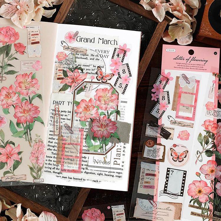 コラージュ素材 透明 シール 縦長 シールシート 花柄 薔薇 レース ネガ