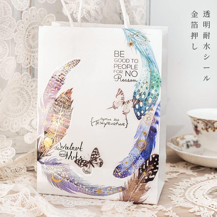 金箔押し クリアシール 羽 羽根 大きめ フェザー カラフル フレーク
