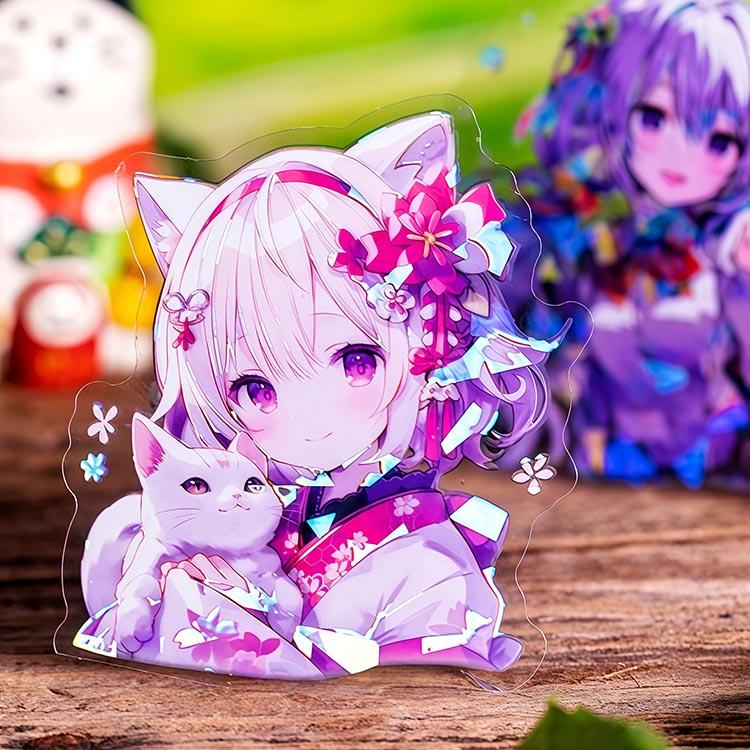 プロ手描き色紙 オリジナル猫耳キャラクター 声優ボイス おまけシール付き 妖精シール 大きめ 猫耳 少女 人物 箔押し 貝シェル光入 女の子 クリア