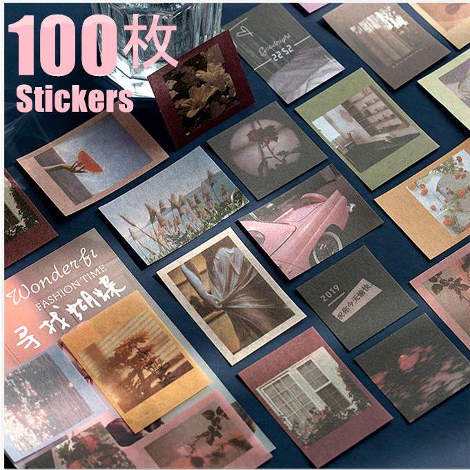 100枚 海外シール マスキングテープ素材◇色別6種◇和紙 半透明