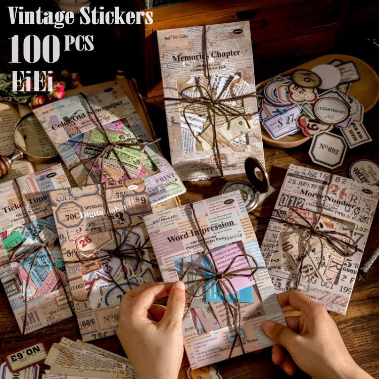 フレークシール 100枚 大容量 コラージュ素材 チケット 英語 シール