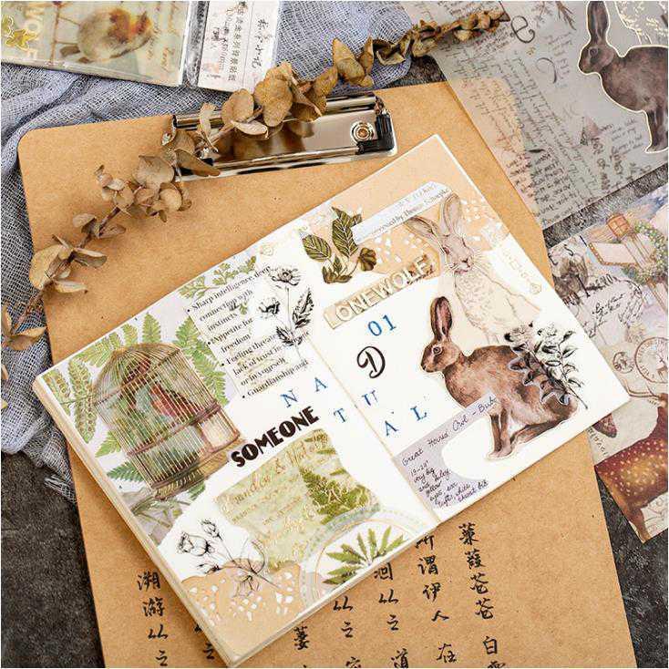 金箔押しレトロデザインペーパーとシールシートのセット 15枚