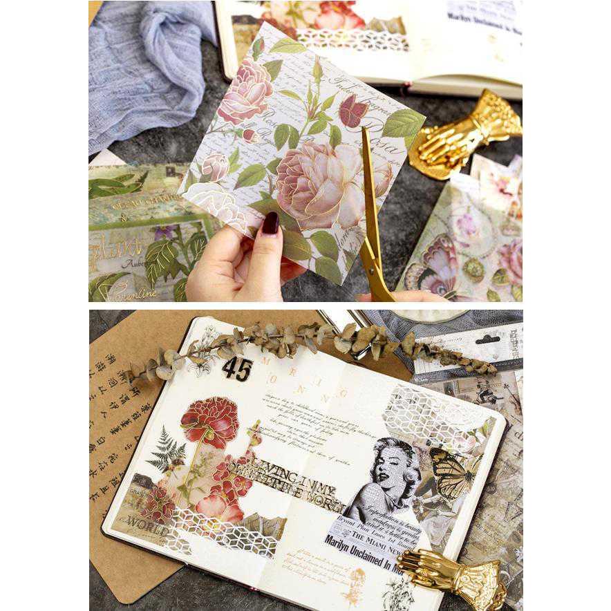 金箔押しレトロデザインペーパーとシールシートのセット 15枚