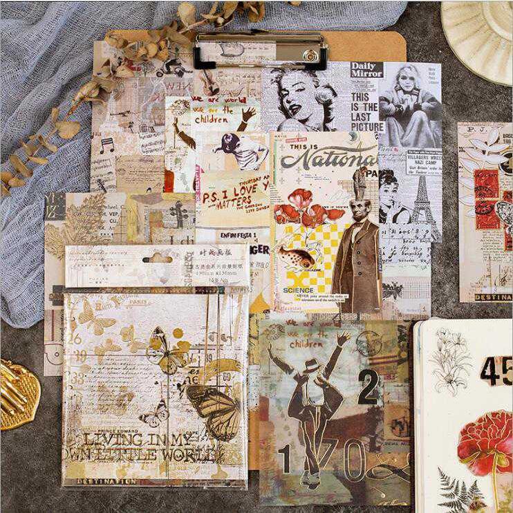 金箔押しレトロデザインペーパーとシールシートのセット 15枚