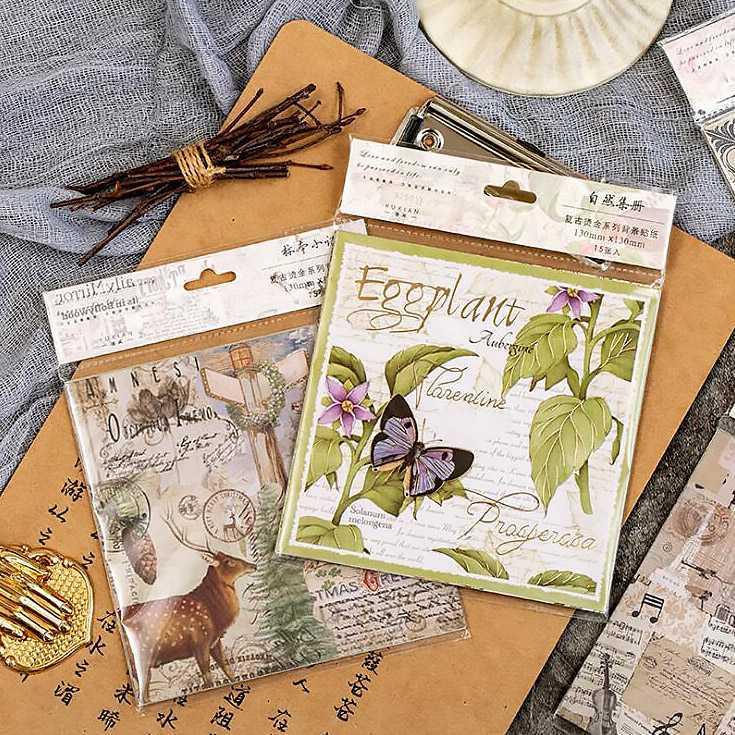 金箔押しレトロデザインペーパーとシールシートのセット 15枚