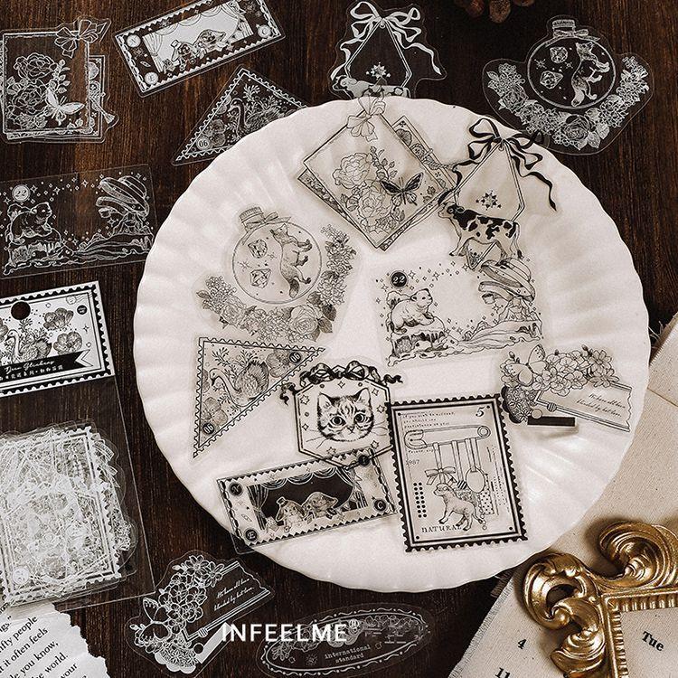 即納 クリアシール 珍しい 透明 切手風 白黒 コラージュ素材 海外