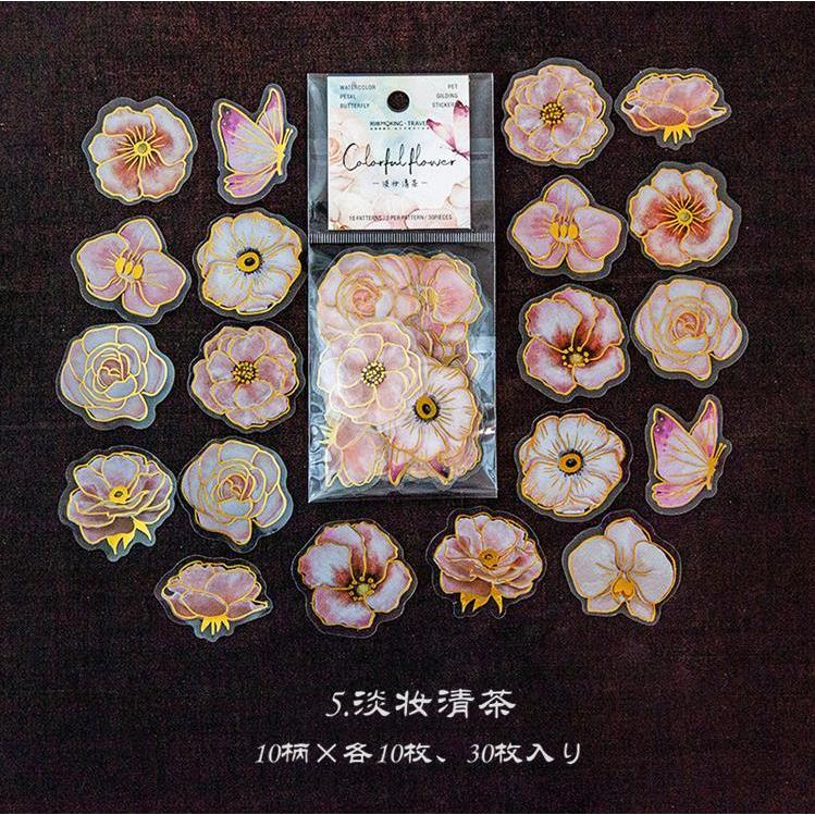 金箔押し 華やか 花びら 花柄 耐水 クリアシール 30枚 大きめ