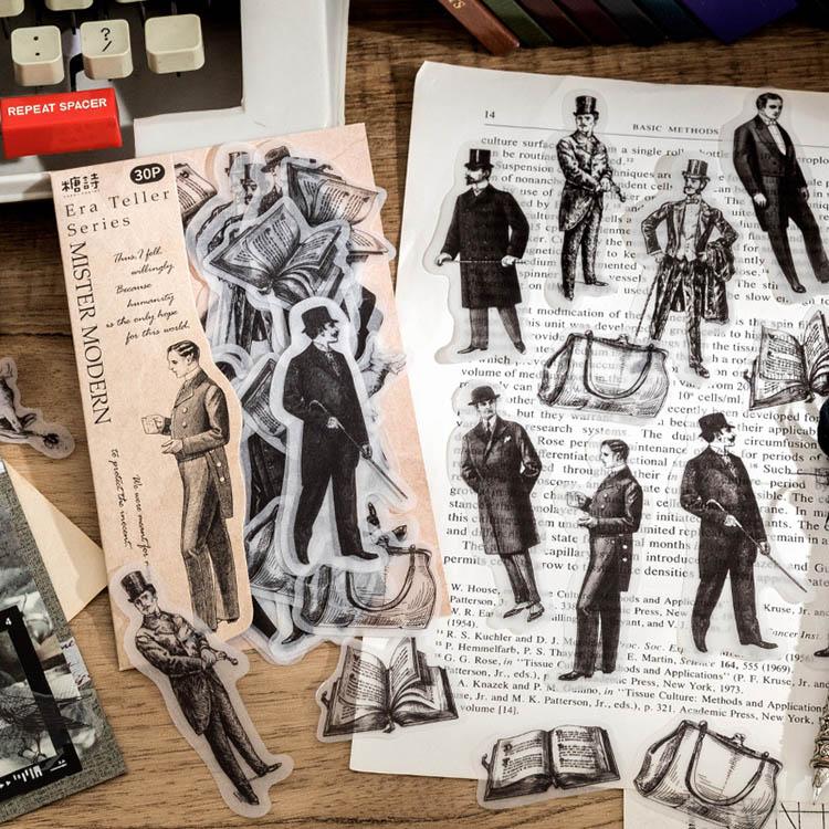 レトロ 人物シール トレペ素材 半透明シール 海外 コラージュ 素材