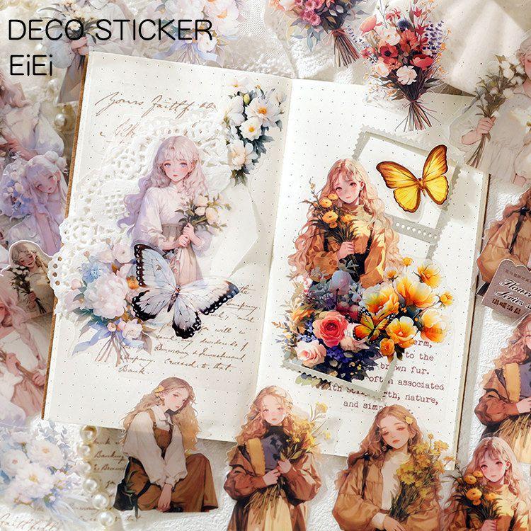 人物シール 花束 捧げる 少女 女の子英語 PETシール コラージュ素材