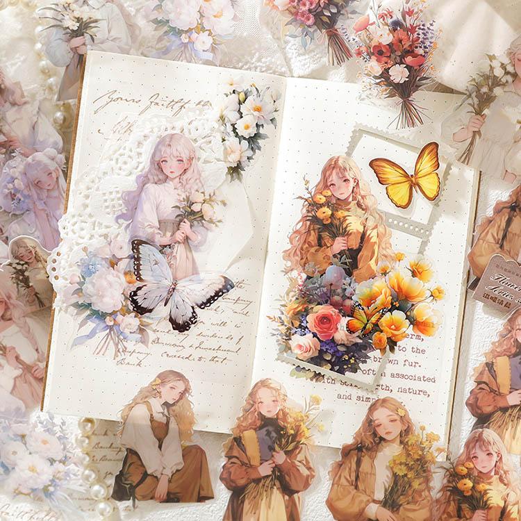 人物シール 花束 捧げる 少女 女の子英語 PETシール コラージュ素材