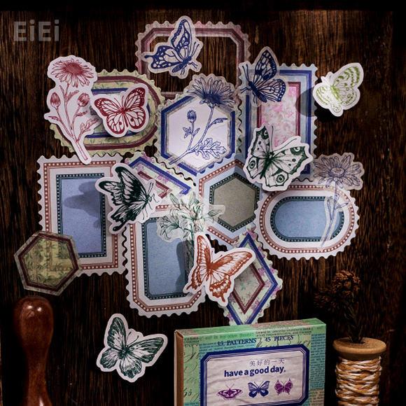 即日出荷 手描き風海外シール 枠 花 蝶 飾り枠 フレークシール