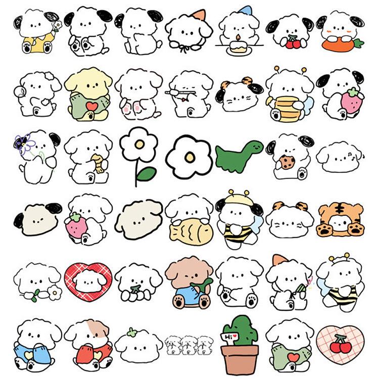 即納 100枚 手描き風 ワンちゃん キャラクター ステッカー 線画 癒し