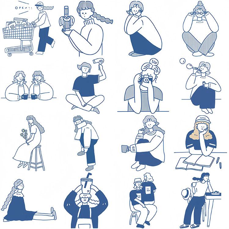 人物シール 50柄50枚 大きめ 少女 手描き 鉛筆画 線画 イラスト シール