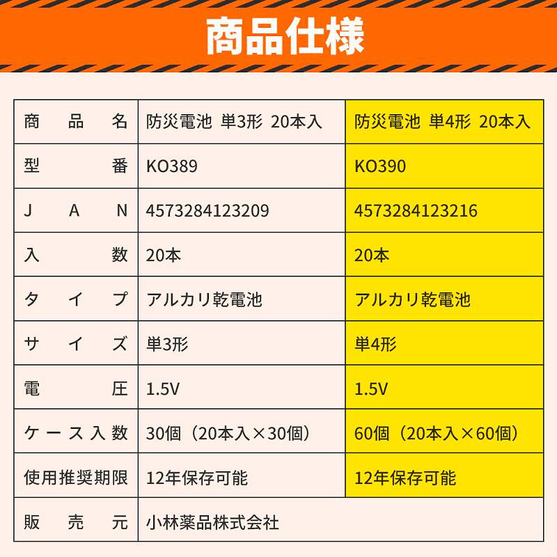 12年保存可能 アルカリ乾電池 単4形 20本入 KO390 60箱セット(1,200本、1c/s) 防災用電池の画像