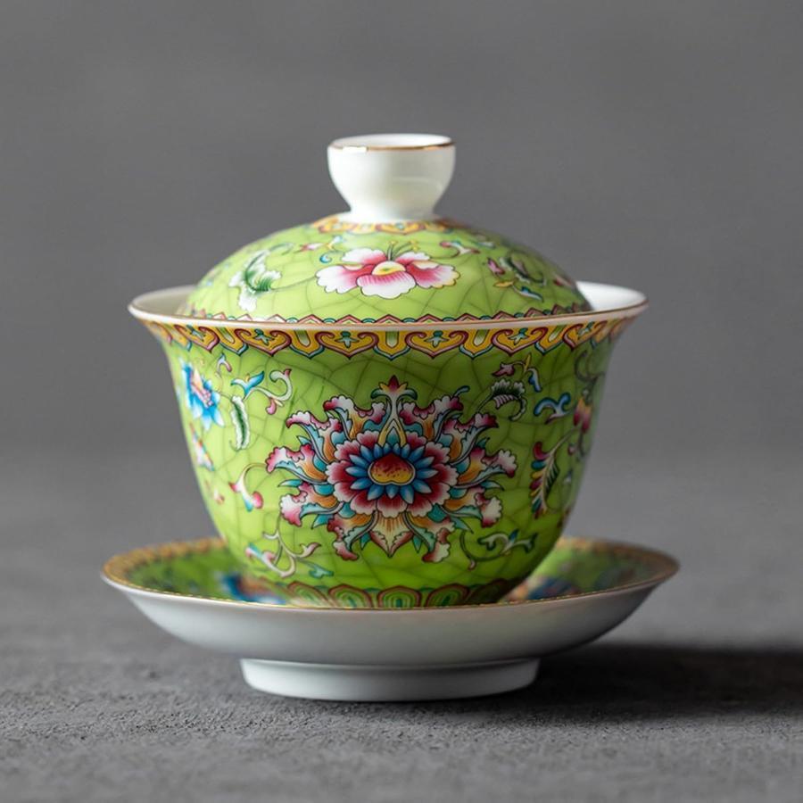中国伝統 茶器 蓋碗 ソーサー付き カンフー茶碗 三彩 磁器 ほうろう彩