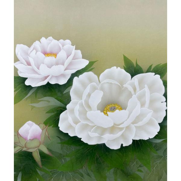 掛軸 牡丹 鈴木優莉(掛け軸 尺八横）幅68cm×丈137cm 高級風鎮付 : 大瑠