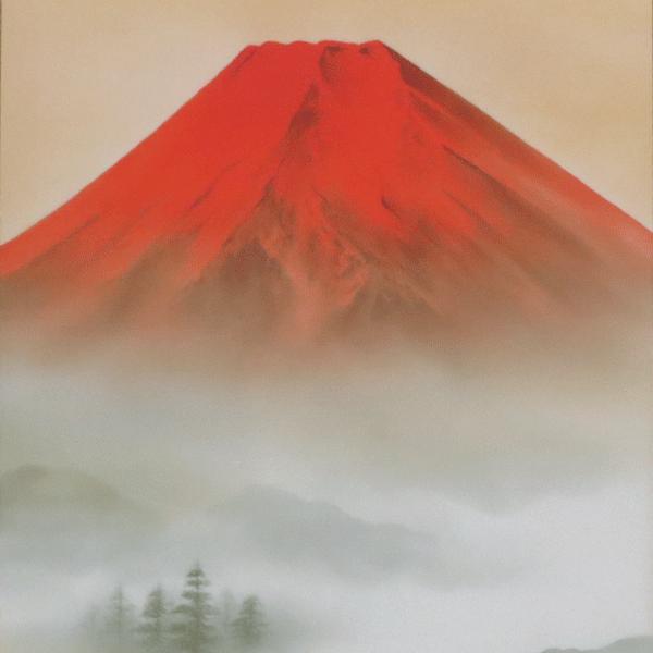 掛軸 赤富士山水 上野行安作(掛け軸 尺五立)幅54.5cm×丈190cm : 大瑠堂 