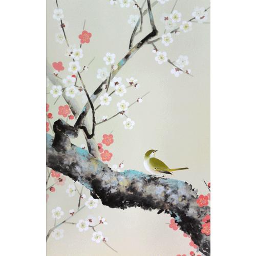 掛軸 紅白梅に鶯 田辺修二作(掛け軸 尺五立)幅54.5cm×丈190cmの画像