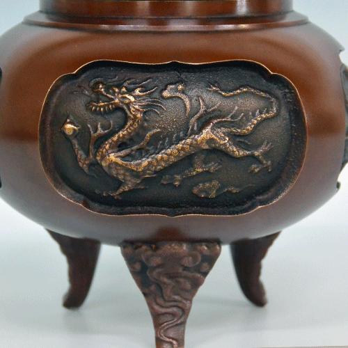 鎌倉彫　大香炉 日本明治金工大师中尾宗貞制造四大天王铜香炉Antique Japanese