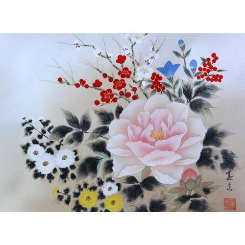 掛軸 四季花 金子華春画(掛け軸 F6小判横)長さ114.5cm×幅51.5cm : 大瑠 