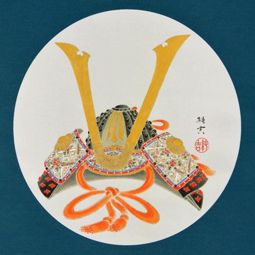 掛軸 円窓 兜 佐藤純吉画(掛け軸 尺三アンドン)幅48.5cm×丈125cmの画像