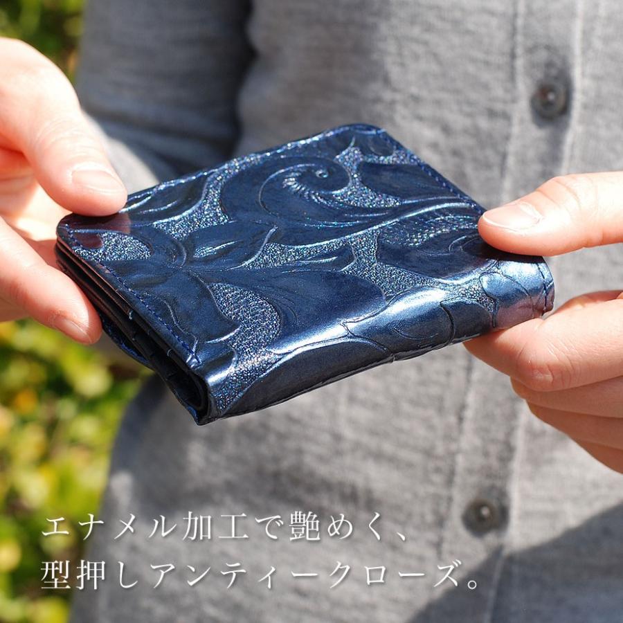二つ折り財布 極小財布 薄型 バラ 花柄 エナメル 型押しレザー