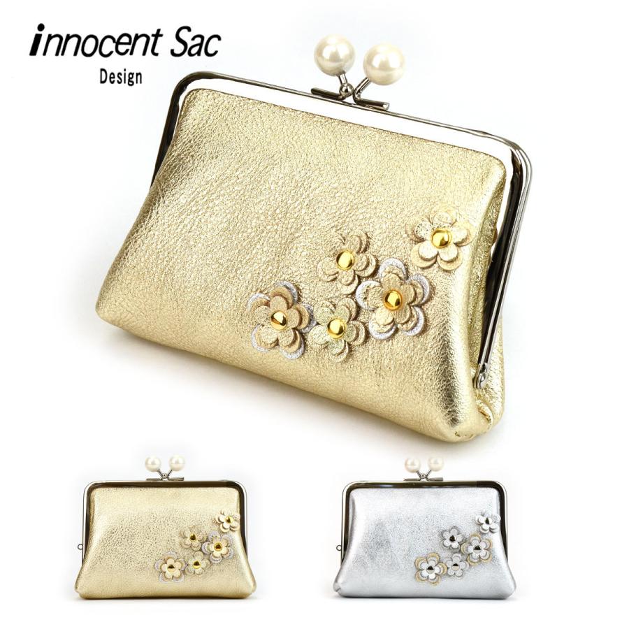 がま口財布 ミニ財布 箔押し加工 花飾り アップリケ パール玉 口金 innocent Sac イノセントサック 本革 レザー 日本製 レディース フラワー ゴールド シルバー｜osaifuyasan