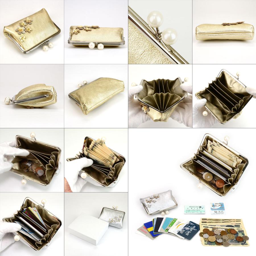 がま口財布 ミニ財布 箔押し加工 花飾り アップリケ パール玉 口金