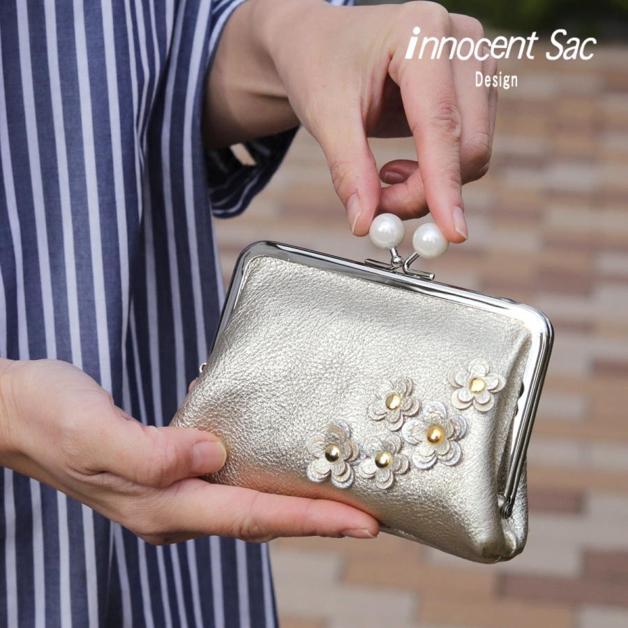 がま口財布 ミニ財布 箔押し加工 花飾り アップリケ パール玉 口金 innocent Sac イノセントサック 本革 レザー 日本製 レディース フラワー ゴールド シルバー｜osaifuyasan｜07