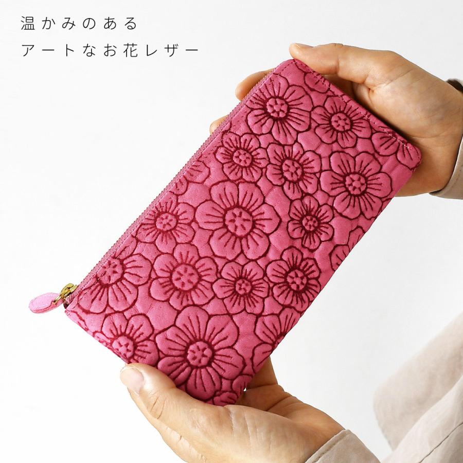 長財布 L字ファスナー フラワー 花柄 型押し レザー ピッグレザー 豚革