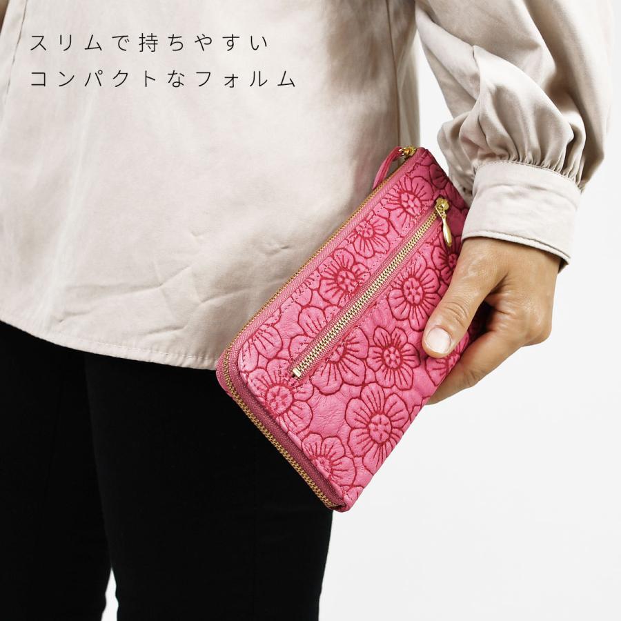 長財布 L字ファスナー フラワー 花柄 型押し レザー ピッグレザー 豚革