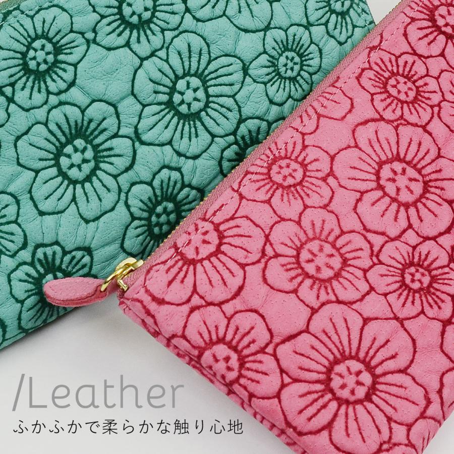 長財布 L字ファスナー フラワー 花柄 型押し レザー ピッグレザー 豚革