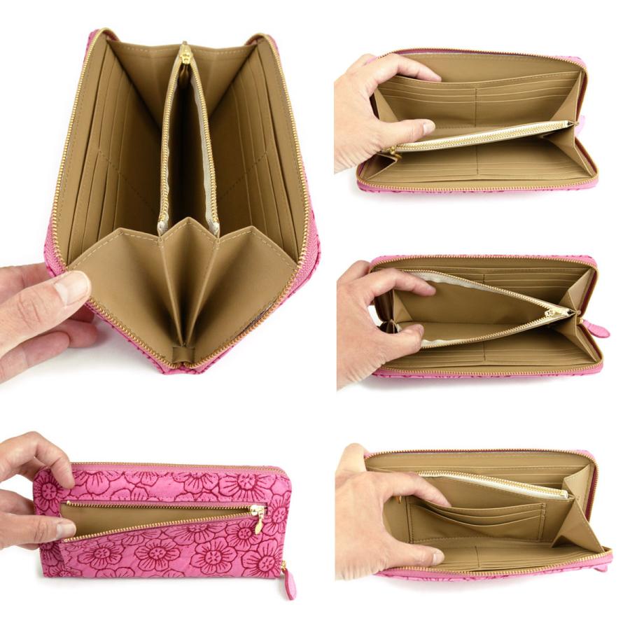 長財布 ラウンド ラウンドファスナー フラワー 花柄 型押し レザー