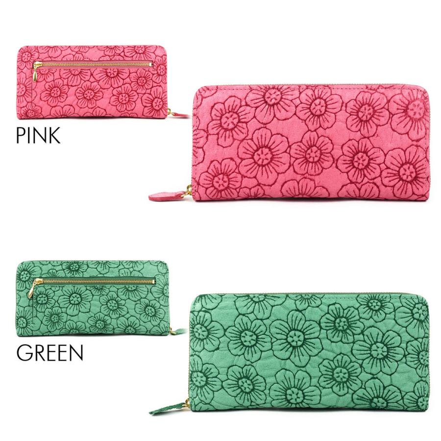 長財布 ラウンド ラウンドファスナー フラワー 花柄 型押し レザー